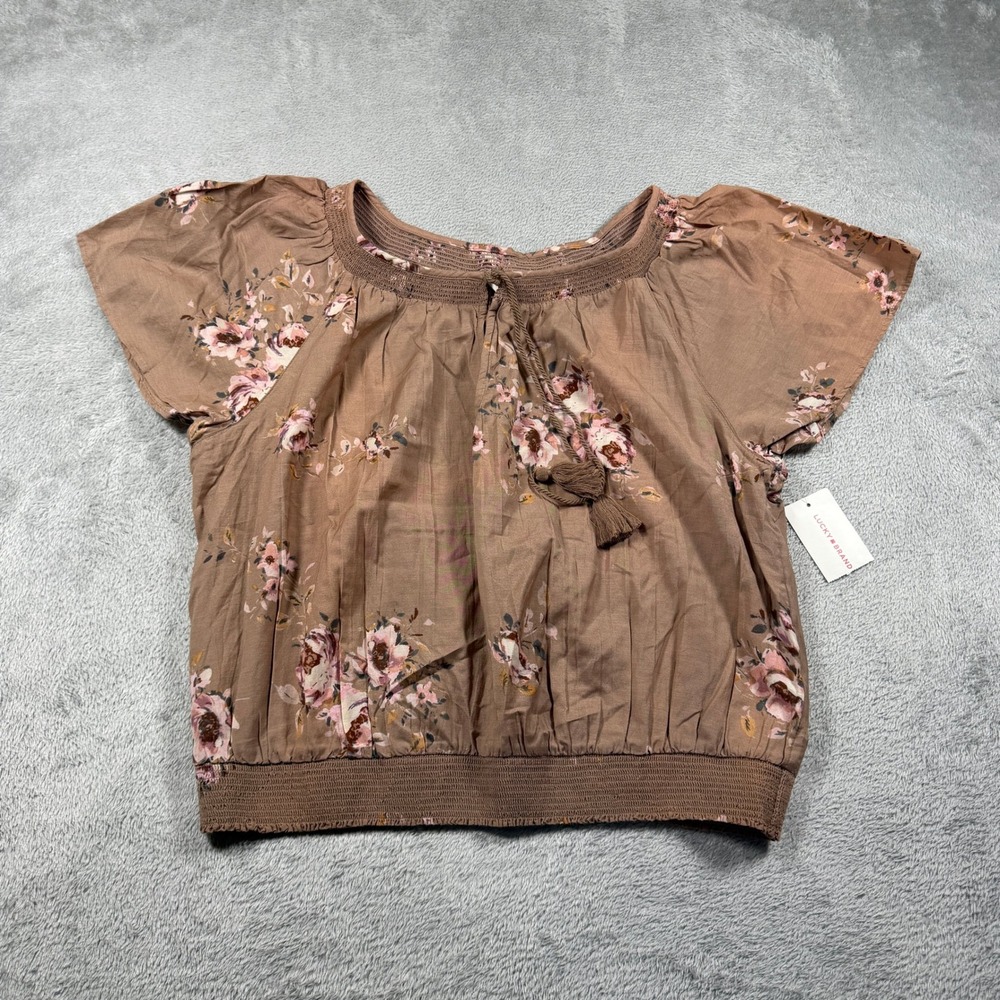 Lucky Brand Flutter Sleeve Top Womens Medium Taupe Floral Smocked Peasant Boho‎